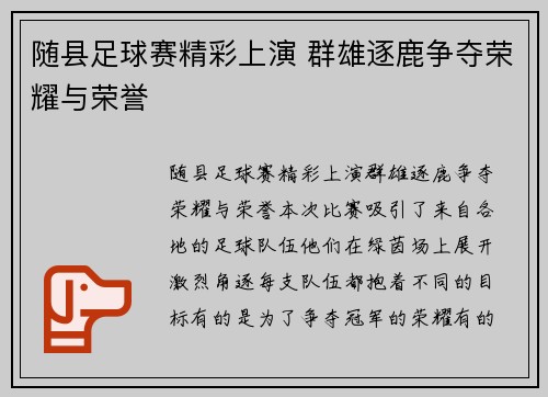 随县足球赛精彩上演 群雄逐鹿争夺荣耀与荣誉