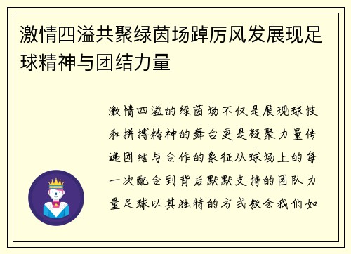 激情四溢共聚绿茵场踔厉风发展现足球精神与团结力量