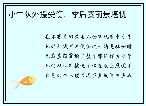 小牛队外援受伤，季后赛前景堪忧