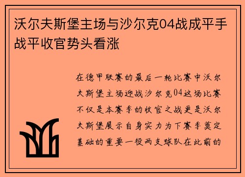 沃尔夫斯堡主场与沙尔克04战成平手战平收官势头看涨