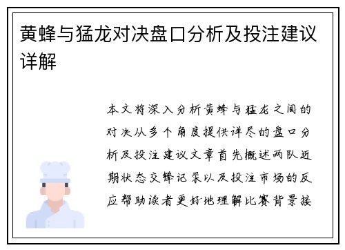 黄蜂与猛龙对决盘口分析及投注建议详解