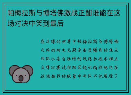 帕梅拉斯与博塔佛激战正酣谁能在这场对决中笑到最后