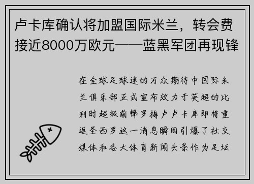 卢卡库确认将加盟国际米兰，转会费接近8000万欧元——蓝黑军团再现锋霸雄风