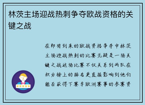 林茨主场迎战热刺争夺欧战资格的关键之战