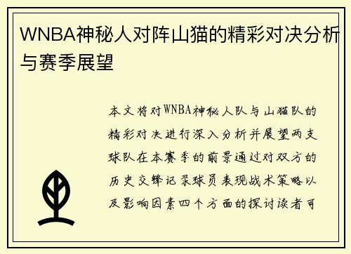 WNBA神秘人对阵山猫的精彩对决分析与赛季展望