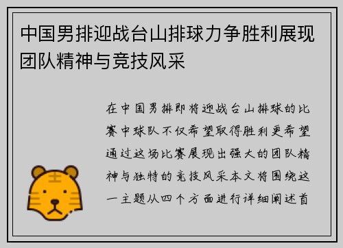 中国男排迎战台山排球力争胜利展现团队精神与竞技风采