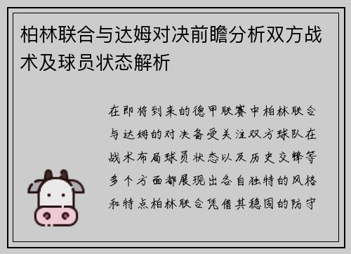 柏林联合与达姆对决前瞻分析双方战术及球员状态解析