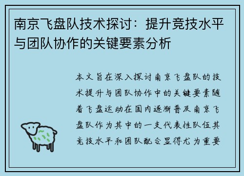 南京飞盘队技术探讨：提升竞技水平与团队协作的关键要素分析